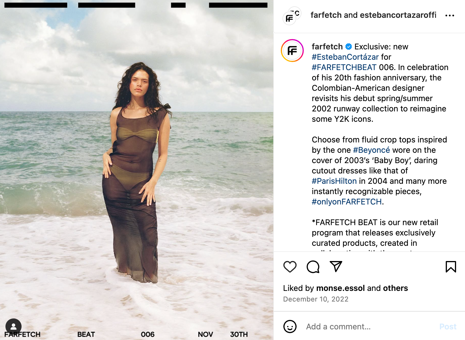 FARFETCH Instagram post for FARFETCH Beat 006 featuring Esteban Cortázar, with Alexandra’s launch caption alongside the campaign image
