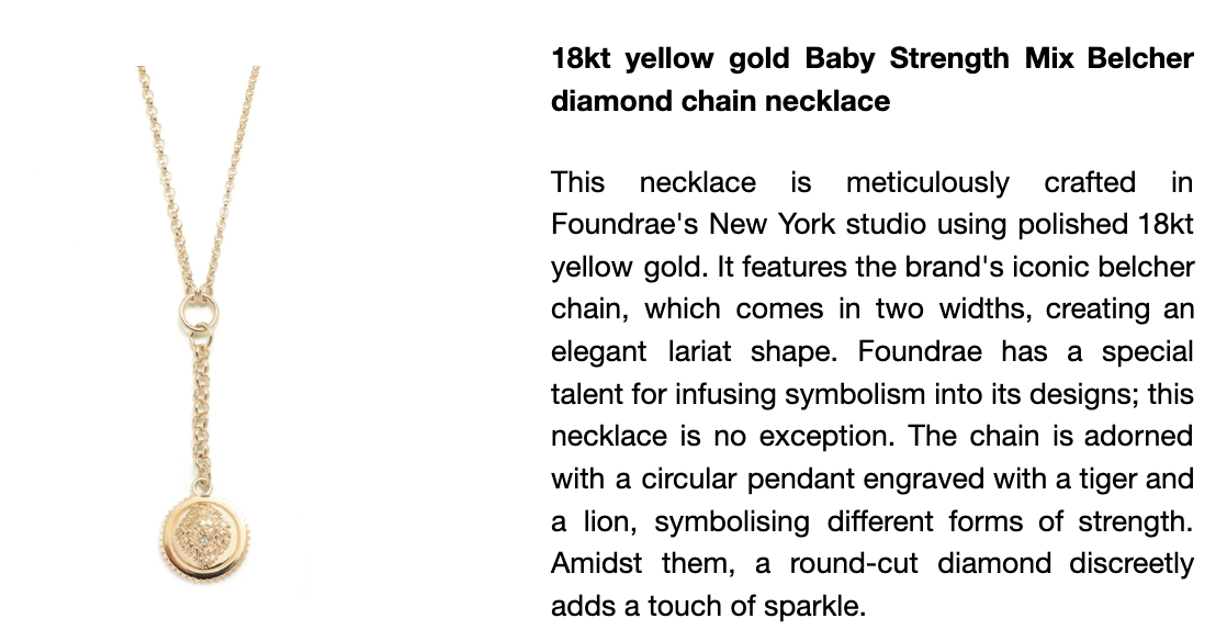 Foundrae gold necklace beside Alexandra’s product description describing its materials, shape and symbolic pendant