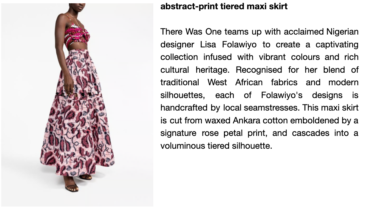 There Was One printed maxi skirt beside Alexandra’s description of its Lisa Folawiyo collaboration and design