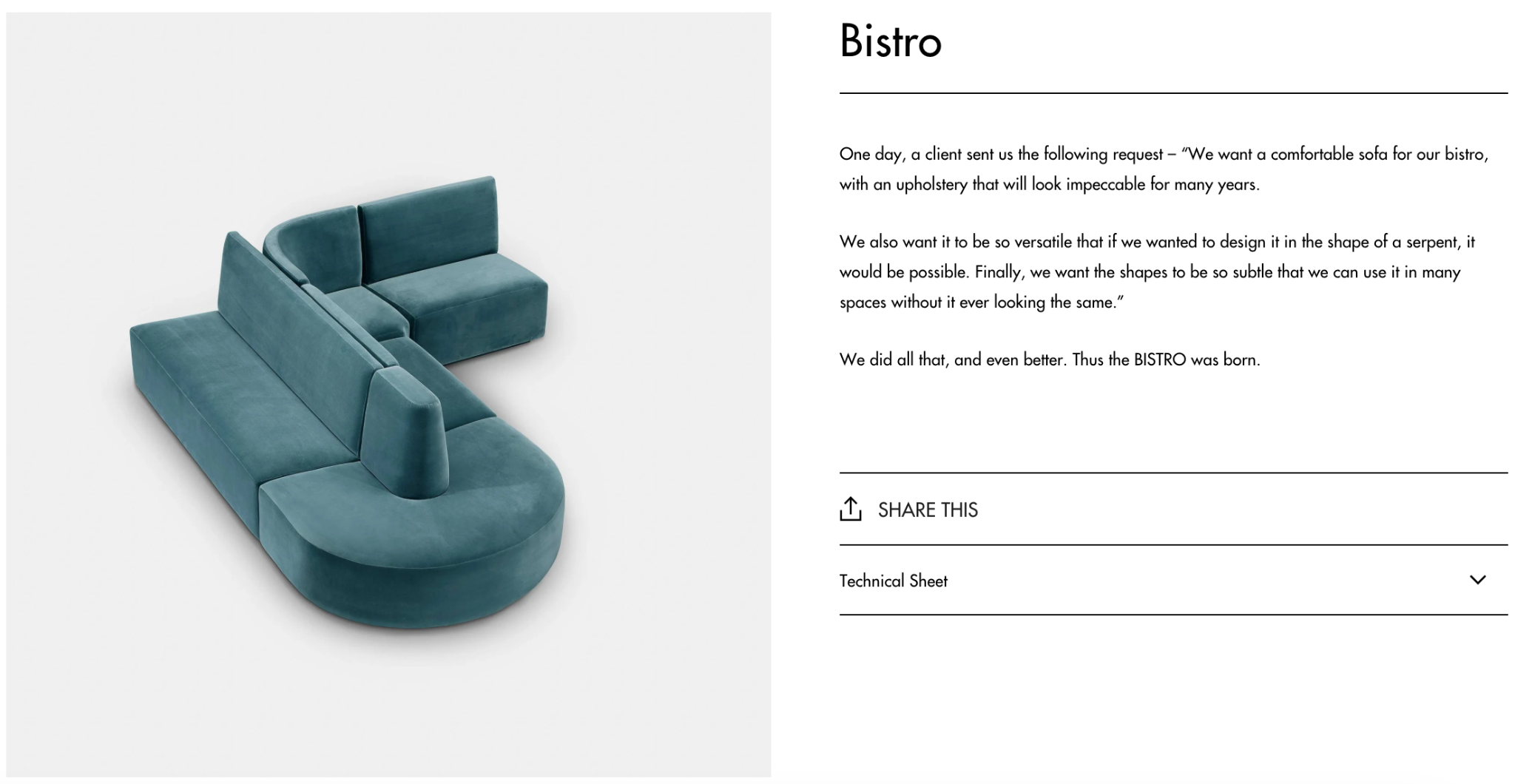 HMD Furniture Bistro modular sofa product page with Alexandra’s narrative product copy
