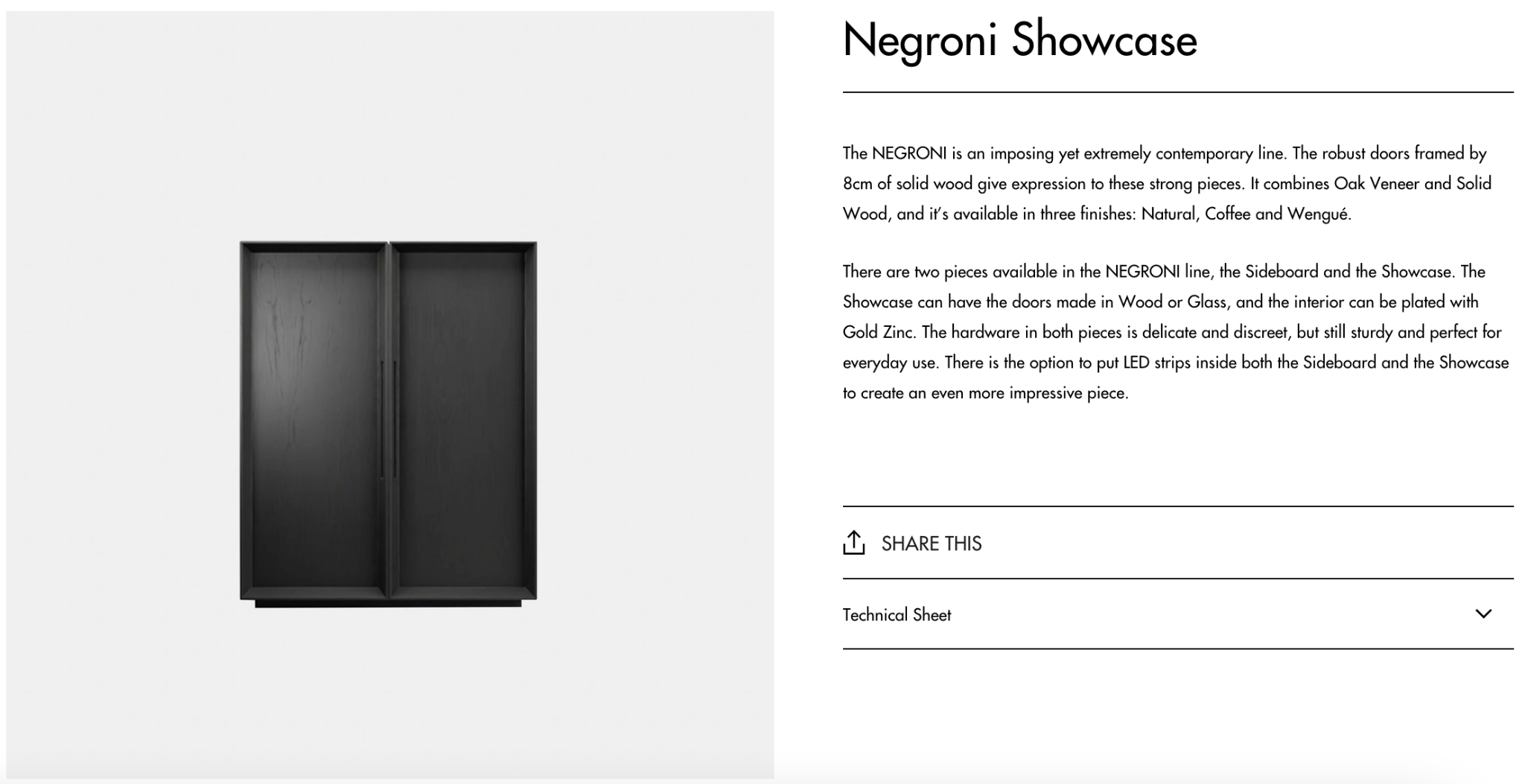 HMD Furniture Negroni Showcase product page with Alexandra’s description of its construction and finishes