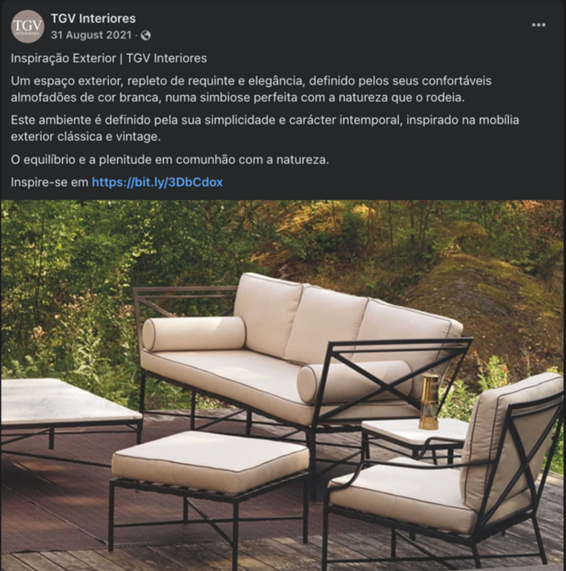 TGV Interiores Facebook post in Portuguese describing a classic outdoor living space above a photograph of the furniture